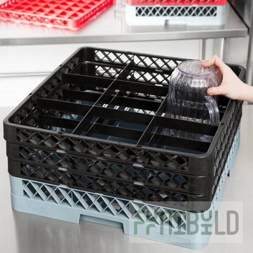 Noble Warewashing 9-Compartment Gray Full-Size Glass Rack with 3 Black Extenders