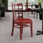 Lancaster Table & Seating Mahogany Finish Wood Window Back Chair with Burgundy Vinyl Seat - Assembled Lancaster Table & Seating Mahogany Finish Wood Window Back Chair with Burgundy Vinyl Seat - Assembled