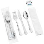 Visions Fluted Individually Wrapped Silver Extra Heavy Weight Polystyrene Plastic Cutlery Set with Napkin and Salt and Pepper Packets - 100/Case Visions Fluted Individually Wrapped Silver Extra Heavy Weight Polystyrene Plastic Cutlery Set with Napkin and Salt and Pepper Packets - 100/Case