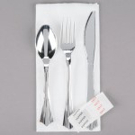 Visions Fluted Individually Wrapped Silver Extra Heavy Weight Polystyrene Plastic Cutlery Set with Napkin and Salt and Pepper Packets - 100/Case Visions Fluted Individually Wrapped Silver Extra Heavy Weight Polystyrene Plastic Cutlery Set with Napkin and Salt and Pepper Packets - 100/Case