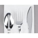 Visions Fluted Individually Wrapped Silver Extra Heavy Weight Polystyrene Plastic Cutlery Set with Napkin and Salt and Pepper Packets - 100/Case Visions Fluted Individually Wrapped Silver Extra Heavy Weight Polystyrene Plastic Cutlery Set with Napkin and Salt and Pepper Packets - 100/Case