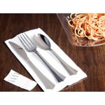 Visions Fluted Individually Wrapped Silver Extra Heavy Weight Polystyrene Plastic Cutlery Set with Napkin and Salt and Pepper Packets - 100/Case Visions Fluted Individually Wrapped Silver Extra Heavy Weight Polystyrene Plastic Cutlery Set with Napkin and Salt and Pepper Packets - 100/Case
