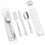 Visions Fluted Individually Wrapped Silver Extra Heavy Weight Polystyrene Plastic Cutlery Set with Napkin and Salt and Pepper Packets - 100/Case Visions Fluted Individually Wrapped Silver Extra Heavy Weight Polystyrene Plastic Cutlery Set with Napkin and Salt and Pepper Packets - 100/Case
