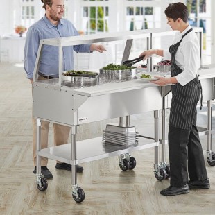 ServIt Stainless Steel 3 Pan Ice-Cooled Food Table with Angled Sneeze Guard and 5 ServIt Stainless Steel 3 Pan Ice-Cooled Food Table with Angled Sneeze Guard and 5