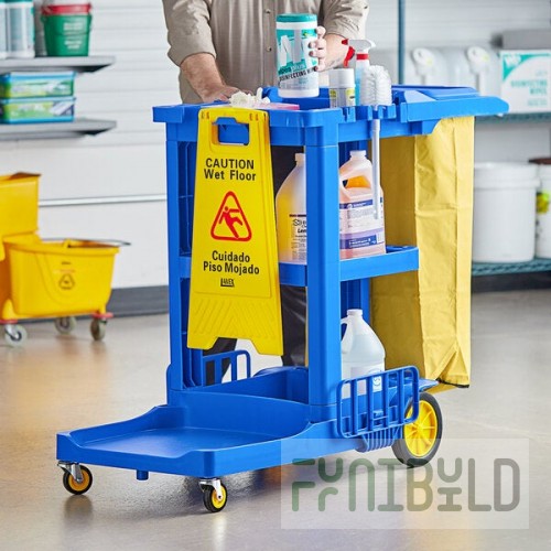 Lavex Premium Blue 3-Shelf Janitor Cart Kit with Yellow Bag, Black Zippered Bag, and Lid