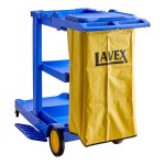 Lavex Premium Blue 3-Shelf Janitor Cart Kit with Yellow Bag, Black Zippered Bag, and Lid