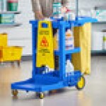 Lavex Premium Blue 3-Shelf Janitor Cart Kit with Yellow Bag, Black Zippered Bag, and Lid