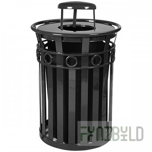 Witt Industries M3600-R-RC-BK Oakley 36 Gallon Black Steel Round Outdoor Decorative Trash Can with Rain Cap Lid and Ring Accent Band