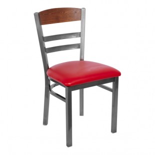 BFM Seating Barrick Clear Coat Steel Side Chair with Autumn Ash Wood Back Panel and American Beauty Red Vinyl Seat