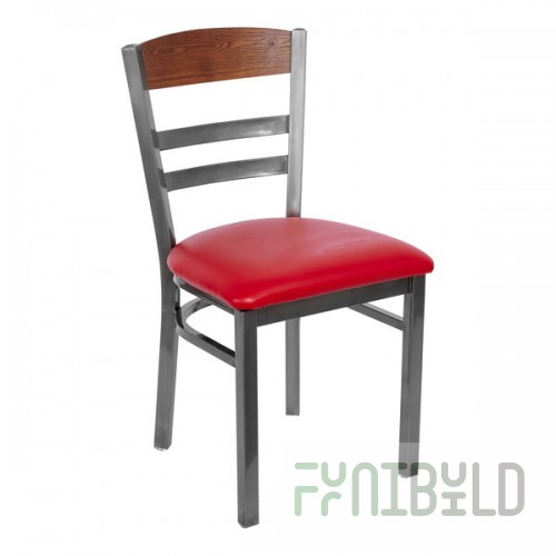 BFM Seating Barrick Clear Coat Steel Side Chair with Autumn Ash Wood Back Panel and American Beauty Red Vinyl Seat