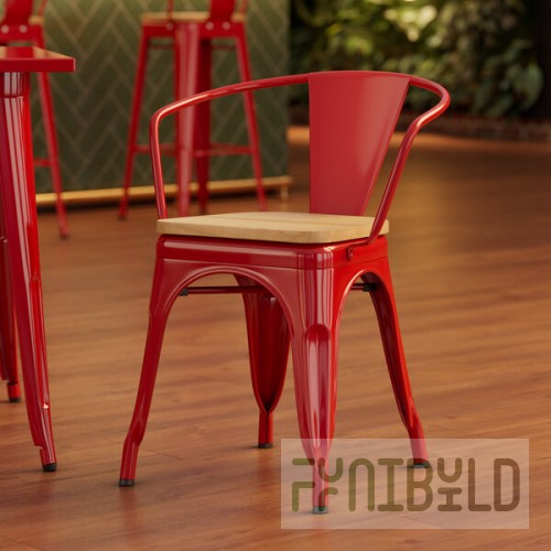 Lancaster Table & Seating Alloy Ruby Red Indoor Arm Chair with Natural Wood Seat