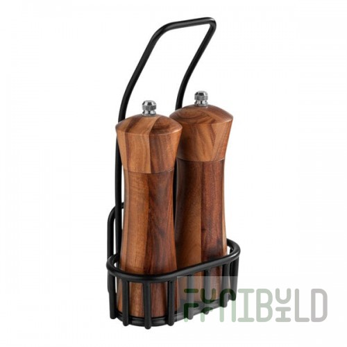 APS Urban Acacia Salt and Pepper Mill Set with Black Metal Caddy