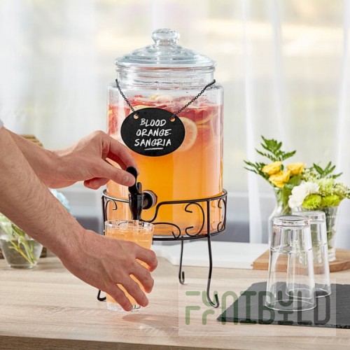 Acopa 1.75 Gallon Glass Beverage Dispenser with Chalkboard Sign and Metal Stand