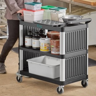 Choice Black Utility / Bussing Cart with Three Shelves and Two Side Panels - 38