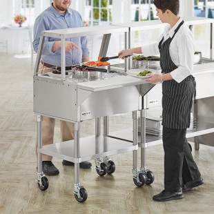 ServIt Stainless Steel 2 Pan Ice-Cooled Food Table with Angled Sneeze Guard and 5 ServIt Stainless Steel 2 Pan Ice-Cooled Food Table with Angled Sneeze Guard and 5