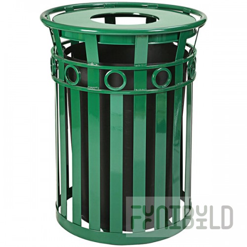Witt Industries M3600-R-FT-GN Oakley Decorative 36 Gallon Green Steel Round Outdoor Decorative Trash Can with Flat Top Lid
