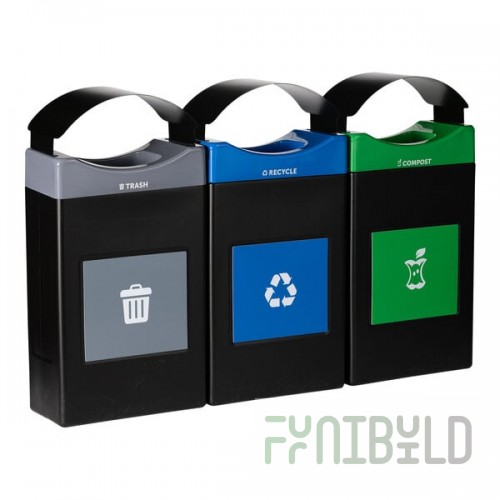 Commercial Zone Avante 90 Gallon Blue / Gray / Green Polyethylene Rectangular Indoor / Outdoor Shallow Three-Stream Trash Can / Recycling / Compost Bin with Canopy Tops