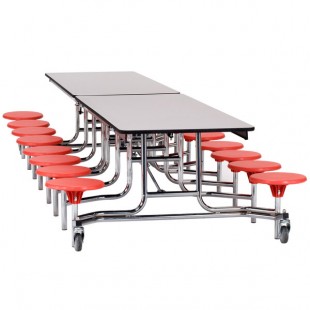 National Public Seating MTS1216-PWPECR 12' Mobile Plywood Cafeteria Table with Chrome Frame, ProtectEdge, and 16 Stools
