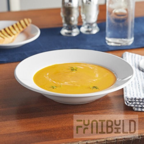 Acopa 10 oz. Bright White Wide Rim Rolled Edge Rim Stoneware Soup and Pasta Bowl - Sample