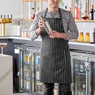 Uncommon Chef 3018 Black and White Chalk Stripe Customizable Poly-Cotton Butcher Bib Apron with 2 Pockets - 34