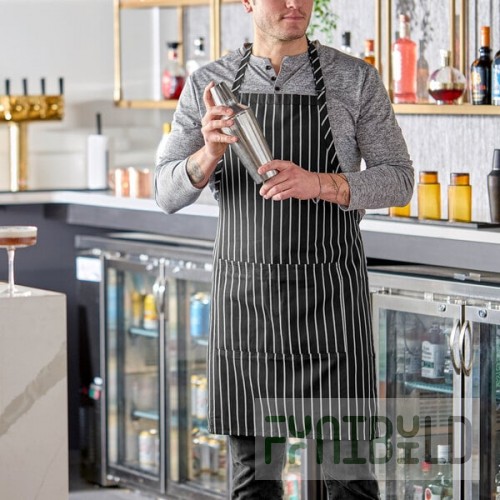 Uncommon Chef 3018 Black and White Chalk Stripe Customizable Poly-Cotton Butcher Bib Apron with 2 Pockets - 34
