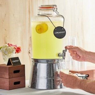 Acopa 2 Gallon Country Glass Beverage Dispenser with Chalkboard Sign and Metal Stand