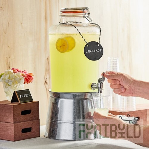 Acopa 2 Gallon Country Glass Beverage Dispenser with Chalkboard Sign and Metal Stand