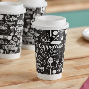 Choice 16 oz. Smooth Double Wall Coffee Break Print Paper Hot Cup and Lid - 100/Case Choice 16 oz. Smooth Double Wall Coffee Break Print Paper Hot Cup and Lid - 100/Case