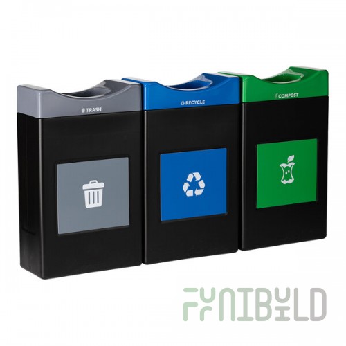 Commercial Zone Avante 90 Gallon Blue / Gray / Green Polyethylene Rectangular Indoor / Outdoor Shallow Three-Stream Trash / Recycling / Compost Bin