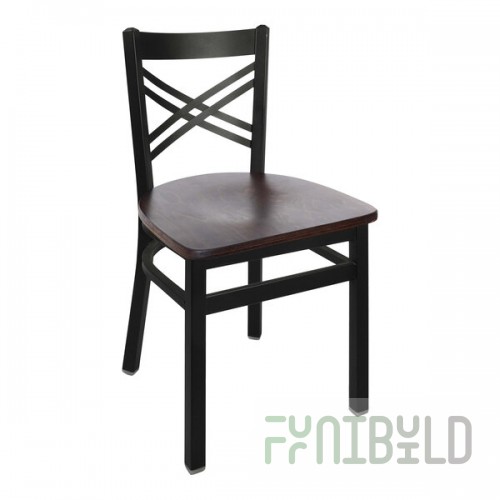 BFM Seating Akrin Sand Black Steel Side Chair with Cross Steel Back and Walnut Wooden Seat