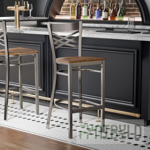 Lancaster Table & Seating Clear Coat Finish Cross Back Bar Stool with Vintage Wood Seat - Detached Seat