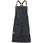 Mercer Culinary M63208DENBR Metro Edge Renegade Black Cotton Denim Bib Apron with Adjustable Brown Leather Cross-Back Straps, and 5 Pockets - 30 1/2