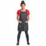 Mercer Culinary M63208DENBR Metro Edge Renegade Black Cotton Denim Bib Apron with Adjustable Brown Leather Cross-Back Straps, and 5 Pockets - 30 1/2