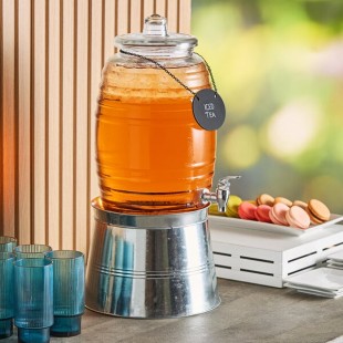 Acopa 2.5 Gallon Barrel Glass Beverage Dispenser with Chalkboard Sign and Metal Stand Acopa 2.5 Gallon Barrel Glass Beverage Dispenser with Chalkboard Sign and Metal Stand