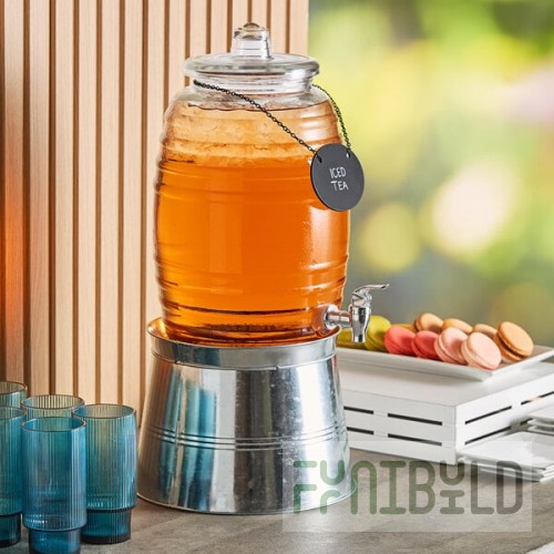 Acopa 2.5 Gallon Barrel Glass Beverage Dispenser with Chalkboard Sign and Metal Stand