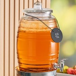 Acopa 2.5 Gallon Barrel Glass Beverage Dispenser with Chalkboard Sign and Metal Stand