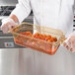 Carlisle 30861HH13 StorPlus 1/3 Size Amber High Heat Plastic Food Pan with (2) Handles - 4 Carlisle 30861HH13 StorPlus 1/3 Size Amber High Heat Plastic Food Pan with (2) Handles - 4