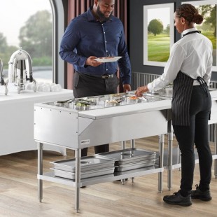 ServIt Stainless Steel 3 Pan Ice-Cooled Cold Food Table with Undershelf ServIt Stainless Steel 3 Pan Ice-Cooled Cold Food Table with Undershelf
