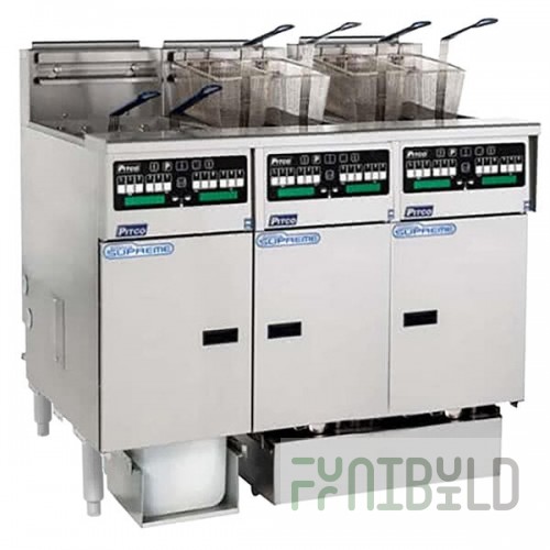 Pitco® SSHLV14C-3/FDP Solstice Supreme Liquid Propane 96 lb. Reduced Oil Volume / High Output 3 Unit Fryer System with Intellifry Computer Controls and Push Button Top Off - 225,000 BTU