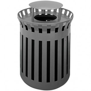 Wausau Tile MF3299 30 Gallon Short Flat Steel Round Trash Can with Aluminum Funnel Lid and Rain Hood