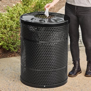 Lancaster Table & Seating 32 Gallon Heavy-Duty Round Black Steel Perforated Outdoor Trash Can with Flat Lid Lancaster Table & Seating 32 Gallon Heavy-Duty Round Black Steel Perforated Outdoor Trash Can with Flat Lid