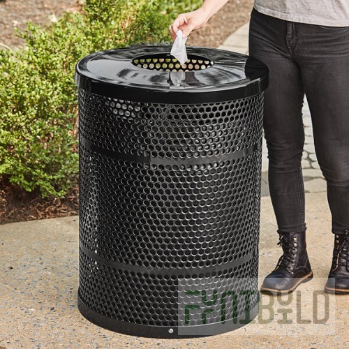 Lancaster Table & Seating 32 Gallon Heavy-Duty Round Black Steel Perforated Outdoor Trash Can with Flat Lid