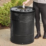 Lancaster Table & Seating 32 Gallon Heavy-Duty Round Black Steel Perforated Outdoor Trash Can with Flat Lid