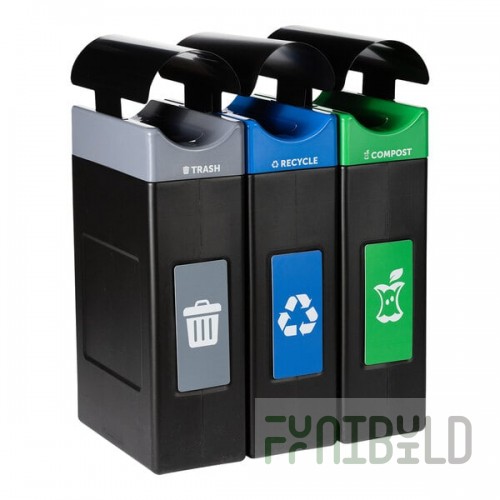 Commercial Zone Avante 90 Gallon Blue / Gray / Green Polyethylene Rectangular Indoor / Outdoor Narrow Three-Stream Trash Can / Recycling / Compost Bin with Canopy Tops