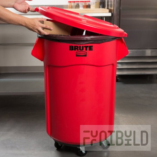 Rubbermaid® BRUTE 55 Gallon Red Round Trash Can with Lid and Dolly
