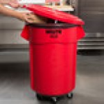 Rubbermaid® BRUTE 55 Gallon Red Round Trash Can with Lid and Dolly