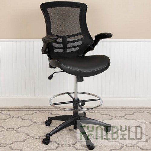 Flash Furniture BL-X-5M-D-BK-LEA-GG Mid-Back Black Mesh Drafting Stool with Flip-Up Arms and Leather Seat