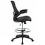Flash Furniture BL-X-5M-D-BK-LEA-GG Mid-Back Black Mesh Drafting Stool with Flip-Up Arms and Leather Seat