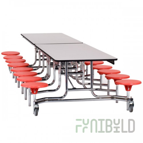National Public Seating MTS1216-PBTMCR 12' Mobile Particleboard Cafeteria Table with Chrome Frame, T-Molding Edge, and 16 Stools