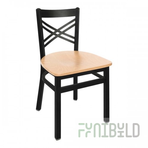 BFM Seating Akrin Sand Black Steel Side Chair with Cross Steel Back and Natural Ash Wooden Seat